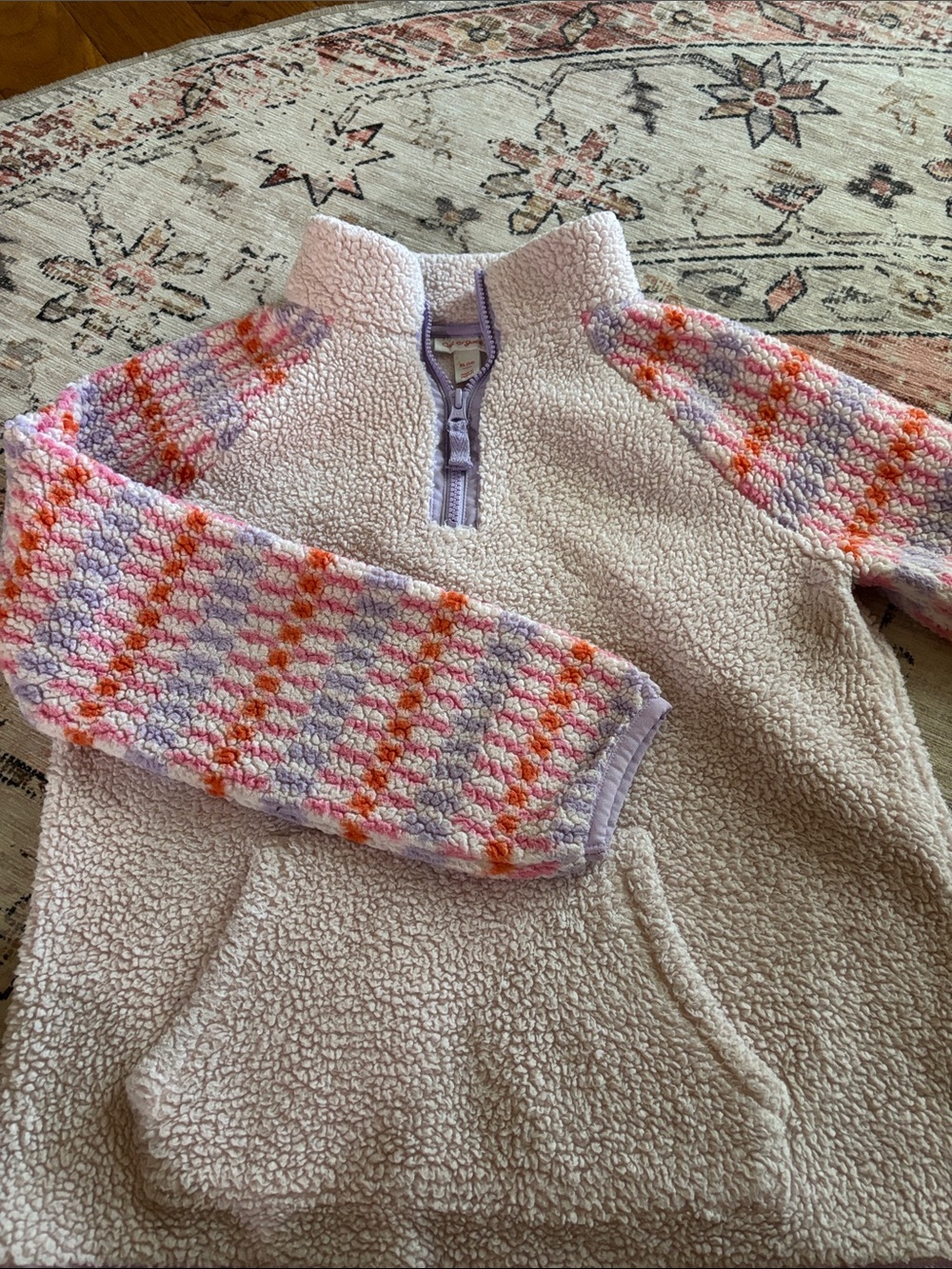 Cat & Jack Ivory Sherpa Pullover with Pastel Patterned Sleeves